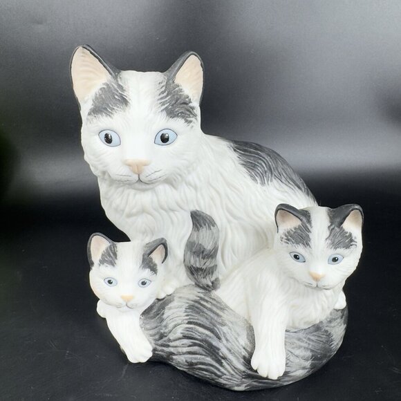 Homco Black White Mother Cat Kitty with Kittens Figurine Large Ceramic Figure - Picture 7 of 10
